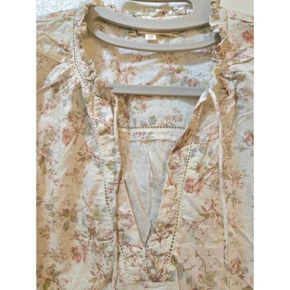 AE77 American Eagle Peasant Blouse Womens XS Cream Pink Organic Cotton Ruffle - Picture 10 of 12